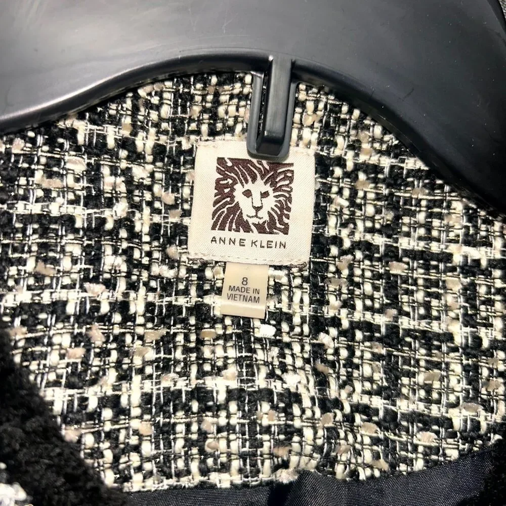 Anne Klein Blazer Women's 8 Black White Tweed Fringe Trim Career Office Wear